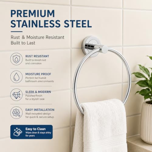 Image of Amazon Basics Stainless Steel Towel Ring for Bathroom | Towel Holder for Wash Basin | Hand Towel Hanger | Wall Mounted Towel Holder | Rustproof Towel Hanger for Washbasin