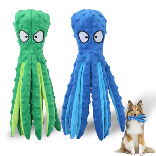 Dog Squeaky Toys Octopus - No Stuffing Crinkle Plush Dog Toys for Puppy Teething, Durable Interactive Chew Toys for Small, Medium and Large Dogs Training and Reduce Boredom, 2 Pack (Blue+Green)