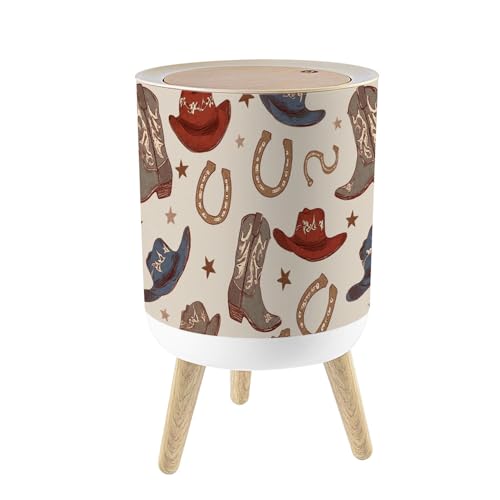 Pequeña caneca de basura con tapa y patas de madera