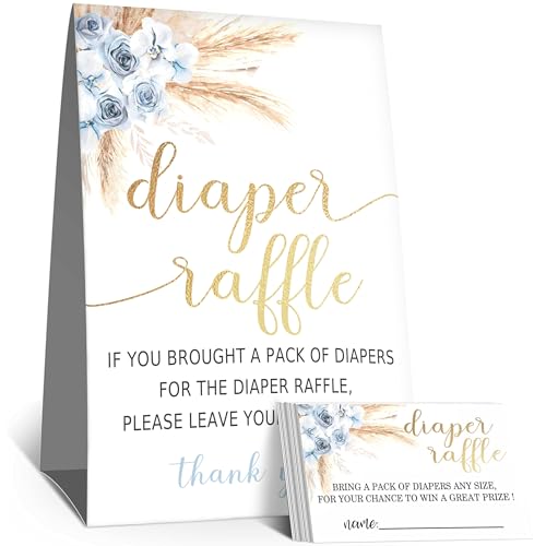 Moonle Diaper Raffle Tickets for Baby Shower Game, 1 Standing Sign & 50 Guessing Cards for Baby Shower Party Decoration, Boho Bule
