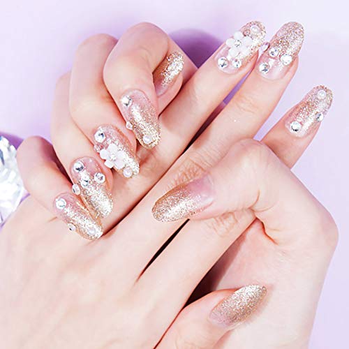 Drecode 24PcsGlitter Flower False Nails Bling Rhinestone Full cover Fake Nails Wedding Birthday