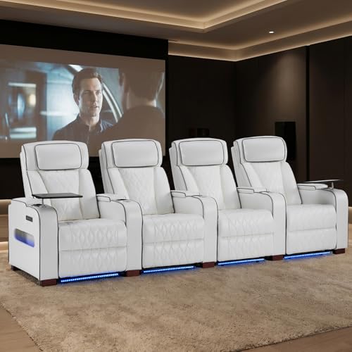 Image of Luxury Home Theater Seating - Power Recliner with Adjustable Headrests, Blue LED Ambient Lighting, Tray Table, USB & Type-C Charging (Pure White,4 Seat)
