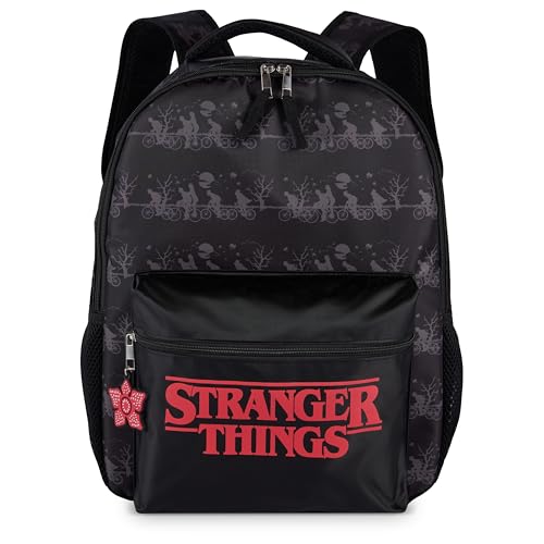 AI ACCESSORY INNOVATIONS Stranger Things Backpack with Character Graphic Pattern Black 16x12x5 Inches Polyester 3 Pockets Water Repellent Adjustable Straps Padded Back