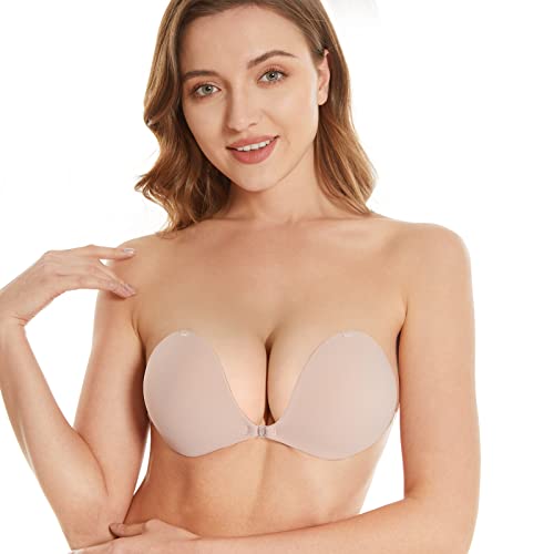 Wunian Adhesive Bra Reusable Strapless Sticky Silicone Push Up, For Backless Dress With Nipple Covers (B, Beige) #TOP1