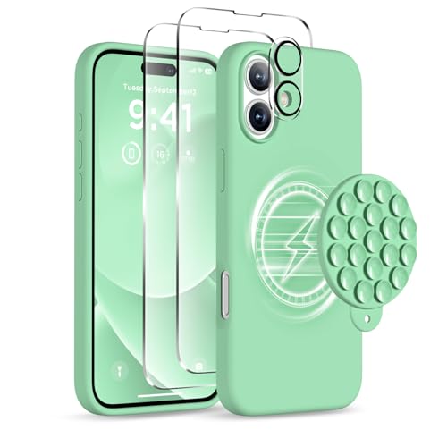 Image of Magnetic for iPhone 16 Case, Compatible with Magsafe, Suction Cup Phone Mount, [2 Screen Protectors][Camera Lens Protector] Silicone Shockproof Protective Phone Cover 6.1 inch, Spearmint Green
