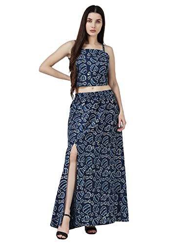 Image of POPWINGS Casual Floral Printed Off-Shoulder Crop Top and Long Slit Skirt Co-Ord Set for Women || Co-Ords Set for Women Stylish Western || Off-Shoulder Crop Top and Long Slit Skirt Set for Women