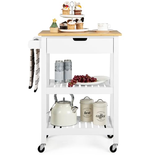 KOMFOTTEU Carro de Cocina de Bambú de 3 Niveles, Carrito de Servir con Ruedas, Isla de Almacenamiento con Cajón y Toallero Lateral, Mueble Auxiliar para Comedor, Salón, 66 x 40 x 85 cm (Blanco) - imagen 9
