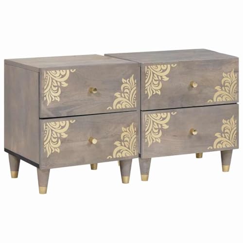 XHNIFBN Lot de 2 tables de chevet - Gris - 40 x 33 x 46 cm - Bois massif mangue - Avec 4 tiroirs et poignées en laiton - Table latérale moderne pour chambre...