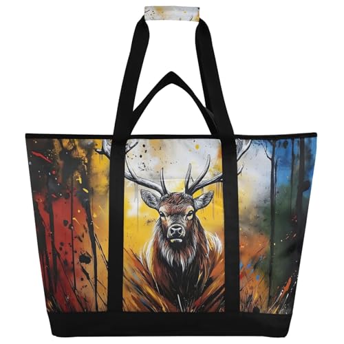 Elk Head Graffiti Large Insulated Tote Bag for Grocery Shopping Reusable Tote Bags for Women Men, Cooler Bag with Zippered Top & Handles for Beach Picnic Travel