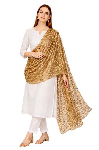 Image of ZEN APPAREL Women's Embroidered Net Dupatta with Lace Borders (Z-101) Premium Net Fabric Golden Aari Work