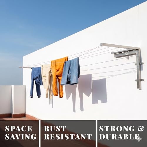 Image of StayHappy Wall Mounted Foldable Cloth Drying Stand | Space Saving Collapsible Metal Clothes Dryer Stand for Balcony & Indoor Use | Wall Mounted Laundry Drying Stand with Free Clothesline (Silver)