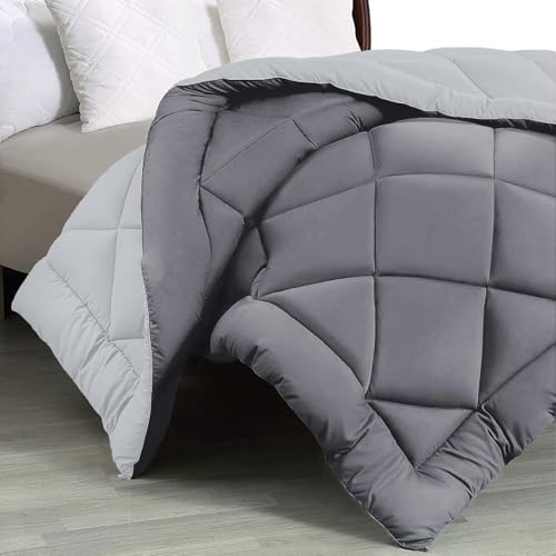Image of THE HOME STYLE Solid Plain Cotton Feel Fitted Bedsheet (72x78 inches) with Reversible Comforter (90x100 inches) | King Size | 2 Pillow Covers | 300 TC | 4-Piece Bedding Set (Ash Grey)