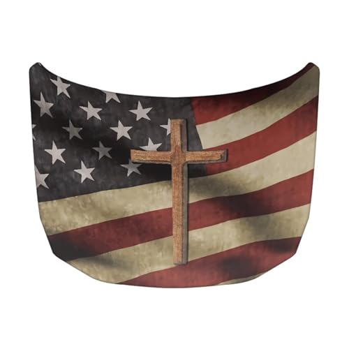 Image of Cross American Flag Pattern Car Hood Cover Weather-Resistant Automotive Hood Covers Washed Auto Hood Flag Universal Fit for SUV Pickup Trucks