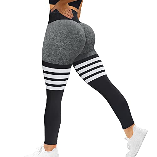 MOHUACHI Butt Lifting Workout Leggings for Women, Scrunch Butt Gym Seamless Booty Tight, High Waisted Yoga Pants ((#9) Stripe Gray, Large)