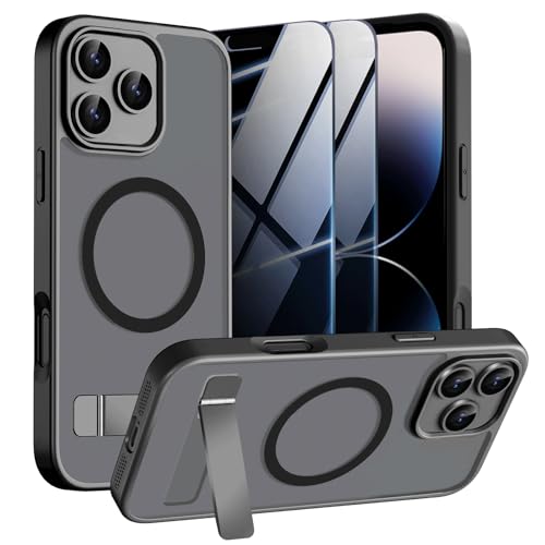 Magnetic Case for iPhone 14 Pro Max Phone Case with Privacy Screen Protector 2X Compatible with MagSafe Invisible Kickstand [20FT Protection] Translucent Matte Shockproof Cover for 14 ProMax Black