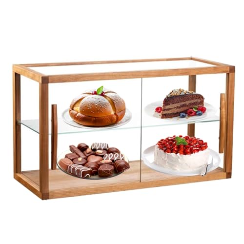 XIAGPAT Vitrina de madera con 2 bandejas de vidrio transparente para panadería, vitrina de repostería, doble estantería, vitrina comercial para panadería (natural)