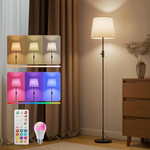 VARICART Lampadaire sur Pied Salon - Lampadaire LED Dimmable avec Ampoule 10W RGBCW, Lampe sur Pied Moderne Noire avec Abat-Jour pour Chambre, Bureau & Enfant