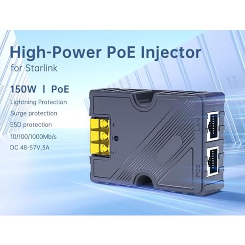Inyector PoE para antena satelital V2 y Gen 3, inyector PoE pasivo GigE de 150 W con protección contra sobretensiones y ESD miniatura 3