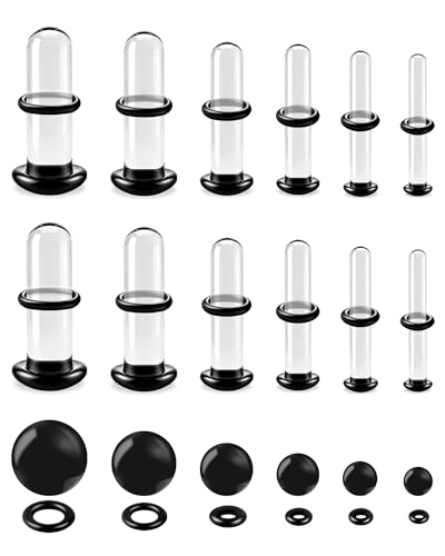 WINSENET 12Pcs Glass Ear Stretching Kit 1.6-4mm Plugs for Ears Gauges with O-Rings Single Flare Glass Gauge Stretching Kit Ear Expander Body Piercing Jewelry for Women Men