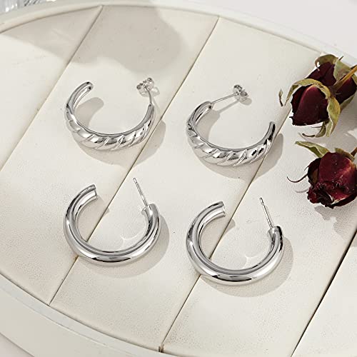 Silver Hoop Earrings Set For Women, 14K Gold Plated Lightweight Hypoallergenic Chunky Open Hoops Set For Gift #TOP3