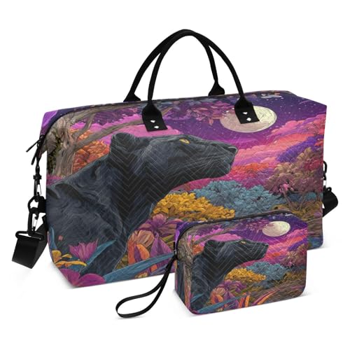 Black Leopard Moonlit Floral Travel Duffel Bag for Men Women with Makeup Bag Weekend Overnight Carry On Bags for Yoga Travel Gym
