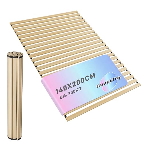 Suusolny Aufrollbarer Lattenrost Rollrost 140x200cm Mit 23 stabile Holzleisten & Schwarzes Gummiband Belastbarkeit bis 300KG -M