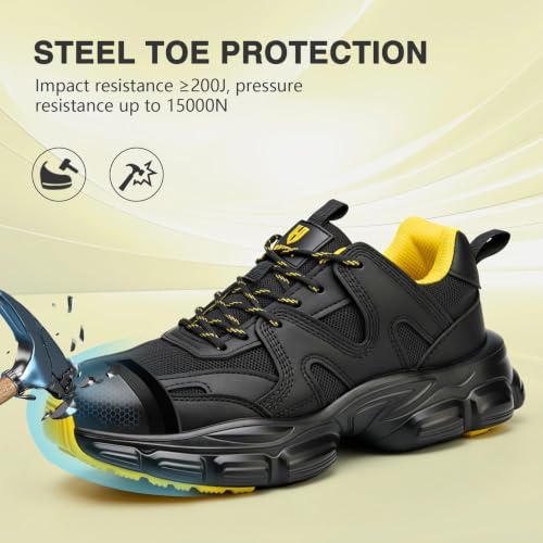 Image of Hogent Steel Toe Shoes for Men Women, Wide & Non-Slip Work Shoes | Indestructible Comfortable Safety Sneakers, Lightweight Breathable Construction Shoes, Puncture Proof Ergonomic Design
