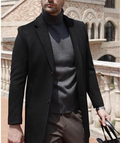 SOMTHRON Men's Winter Pea Coat Slim Fit Notched Lapel Single Breasted Mid Long Trench Coat Jacket Overcoat4