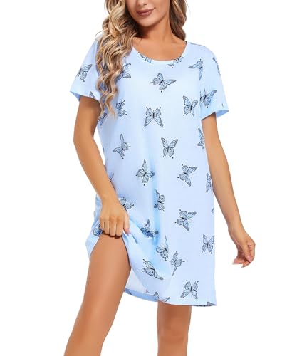 Image of ENJOYNIGHT Womens Cotton Nightgown Short Sleeve Sleepshirt Print Nightshirt | Short-Sleeve Crew Neck, Soft Cotton Fabric, Cartoon Printed Sleep Shirt, Loose Fit