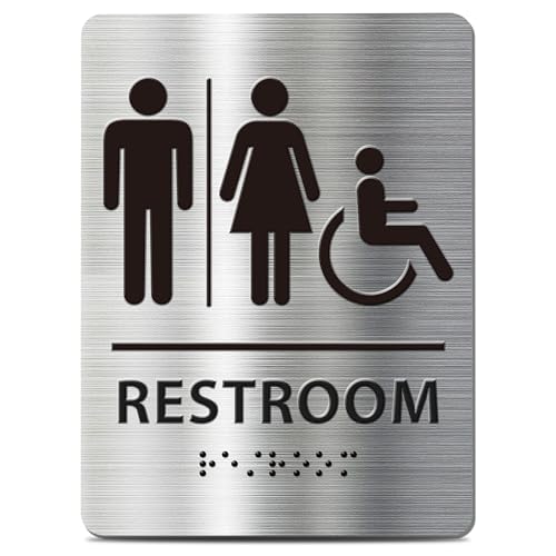 Unisex Braille Modern Restroom Sign - Stainless Steel ADA Compliant Bathroom Sign, Inclusive Toilet Door for Business Office Home, Brushed Silver