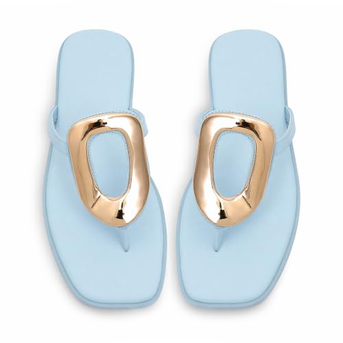 Image of Wnshonzy Flip-Flops for Women Thong Sandals Flat Slip on Slides Beach Comfort Open Square Toe Ladies Slipper Dressy Metal Hardware Decoration Summer Shoes Casual Fashion