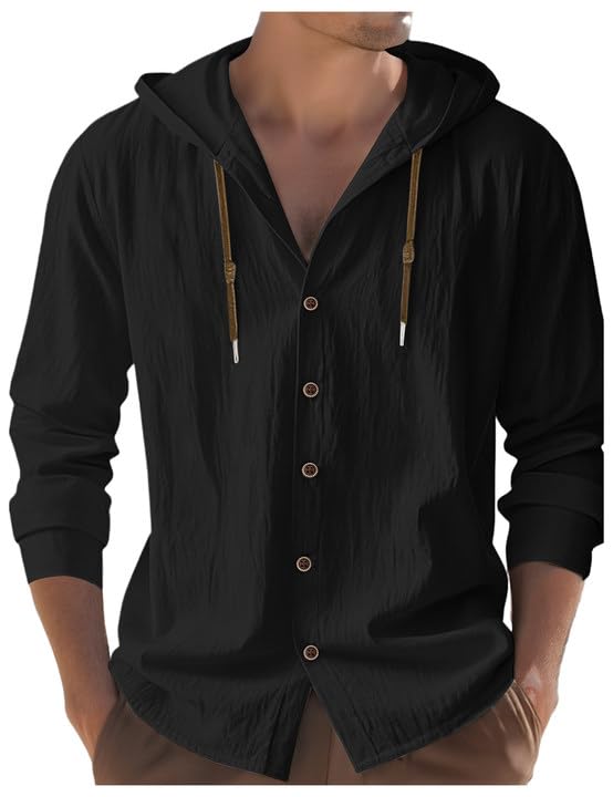 Mens Cotton Linen Button Down Hoodies Long Sleeve Casual Beach Tops Lightweight Fashion Shirt