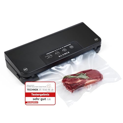KLAMER Vakuumierer Classic Pro 80 (2024) - Vakuumiergerät für trockene oder feuchte Lebensmittel und Sous Vide, inkl. Vakuumier-Beutel und Schlauch
