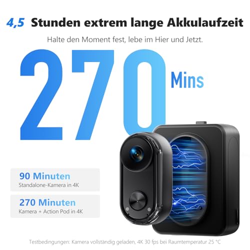 4K 30FPS Vlogging camera, 64GB Bodycam, Tragbare Freihändig POV-Kamera, 150° Winzige Action Cam Wasserdicht 30M, EIS Stabilisierung Helmkamera für reiten ski , Mini Vlog Kamera, 4.5 Stunden Akku