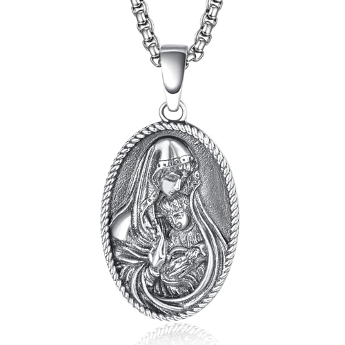 Religious Necklace 925 Sterling Silver Virgin Mary and Jesus Necklace Medal Pendant Protection Amulet for Men Women