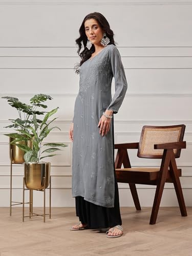 Image of Ada Hand Embroidered Lucknowi Chikankari Viscose Georgette Kurta Kurti for Women A411185
