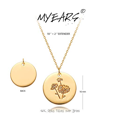 Myears Women Birth Flower Necklace Gold Coin Engraved Disc Month October Marigold Flower Bouquet Pendant 14K Gold Plated Dainty Chain Personalized Floral Jewelry Birthday Gift #TOP4