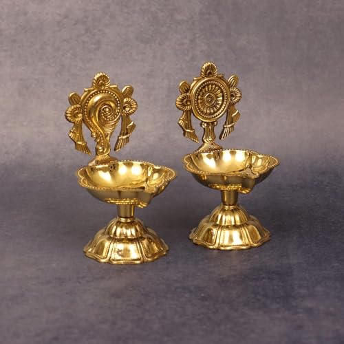 Image of EAC Pure Brass Shanku Chakra Diya, Shanku Chakra Deepalu for Home Temple Office Decor & Diwali Gifting (4.5 inch, Set of 2)
