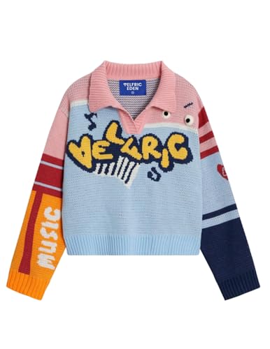Aelfric Eden Cute Sweaters Color Blocking Stripe Sweater Cartoon Letters Pullover Casual Soft Long Sleeve Tops Outfits