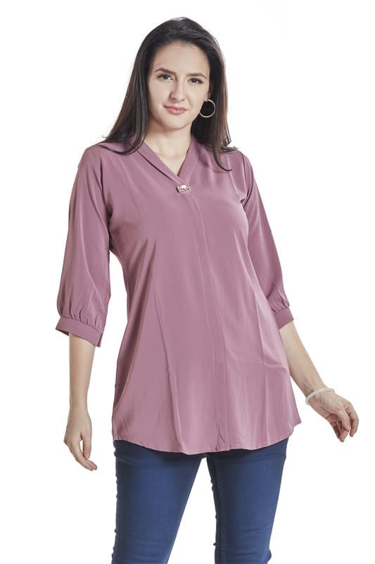 Image of nioni Women's Purple Poly Linen Blend Tunic Top with 3 /4 Sleeves, Printed Yoke, Kantha Stitch Detailing & Mandarin Collar