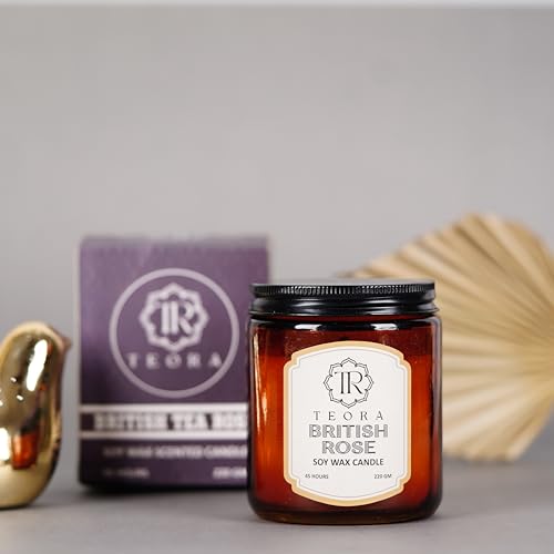 Image of Teora By Bindian Luxury Soy Wax Scented Candle in Amber Glass Jars | 220g Each | 45H Long Burn Time | Natural Smokeless Wax for Home Decor, Spa & Aromatherapy Candles (British Rose)