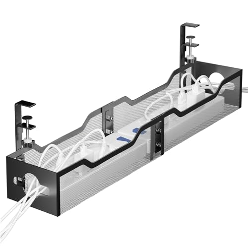 Image of Under Desk Cable Management No Drill, Standing Desk Cable Organizer, Quszmd Under Desk Cord Organizer, Under Desk Wire Management Tray - No Damage to Desk