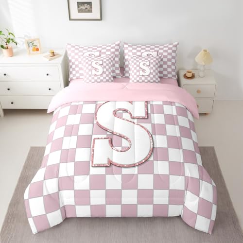 Image of Erosebridal Pink Initial S King Bedding Set 7 Piece Kawaii Plaid Checkered Bed in A Bag with Sheets Cute Personalized Monogram Comforter Set for Kids Girls Teen Women,Fashion Grids Gingham Bed Sets
