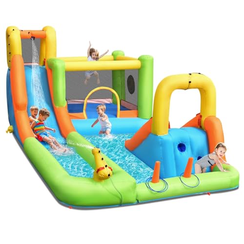 OLAKIDS Inflatable Water Slide, 7 in 1 Bounce House with 2 Slides Climbing Wall Splash Pool 2 Ring Columns Water Gun, Outdoor Water Park Inflatable Obstacle Course for Kids Backyard with Carrying Bag