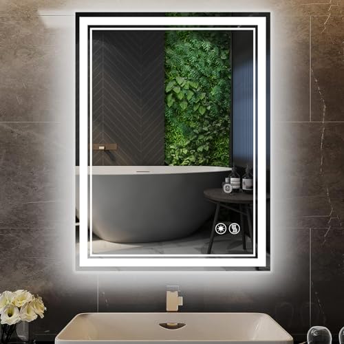 LED Bathroom Mirror 24 x 32'' Anti-Fog Bathroom Mirror with LED Lights Dimmable 3 Colors Front and Backlit LED Mirror for Bathroom Vanity Mirror with Lights Wall Mounted Horizontal/Vertical