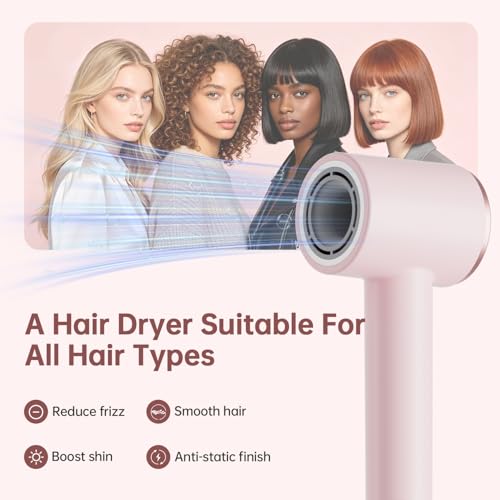 Image of Hair Dryer, BOWEI 110000 RPM High-Speed Professional Blow Dryer for Fast Drying, 200M Negative Ions Anti-Frizz, Smart Thermo-Control, 0.83 lb Lightweight Quiet Compact Hairdryer, All Hair Types, Pink