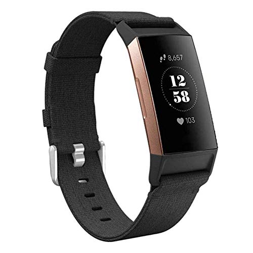 hooroor Woven Fabric Breathable Replacement Bands Compatible for Fitbit Charge 3 and Charge 3 SE Fitness Activity Tracker, Soft Accessory Sports Band Wristbands Strap Women Men (Black, Small)