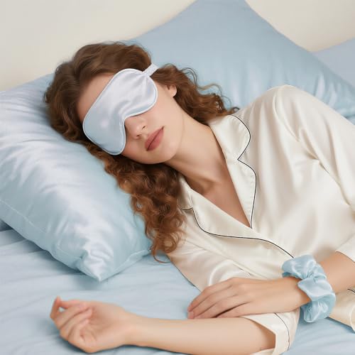 KISMETICS Vegan Silk Sleep Set, Vegan Silk Pillowcase with Large Scrunchie and Eye Mask for Hair and Skin, Self Care Essential Satin Night Routine Kit (Light Blue Color)