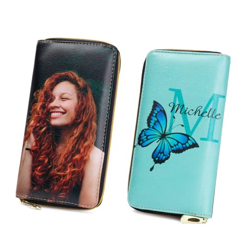 Personalized Custom Photo Zipper Wallet for Women Girlfriend Sunflower Wallet with Engraved Your Name Long Leather RFID Wallet (butterfly wallet)