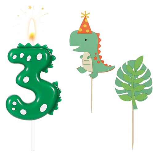 ZHAOYCSH Bougie Anniversaire Chiffre 3 Dinosaure pour Fille et Garçon, Ensemble de Décoration de Gâteau Anniversaire avec 2 Figurines Dinosaures, Bougies Numéro 3 Ans pour Décorations de Fête
